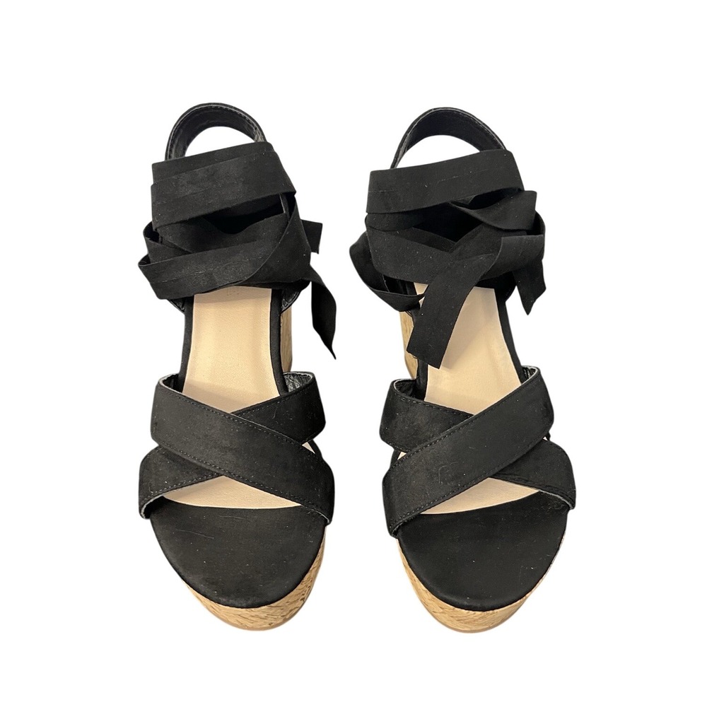 Truffle Collection‎ Women's Wedge Strap Up Sandals Faux Suede Black Size 6
